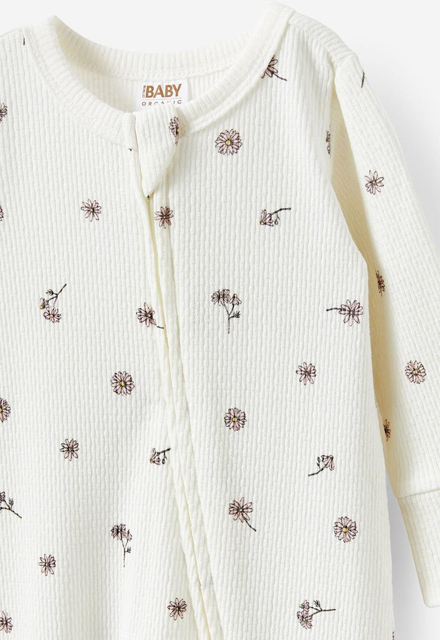 Cotton On - Organic pointelle zip romper - milk/daisy floral