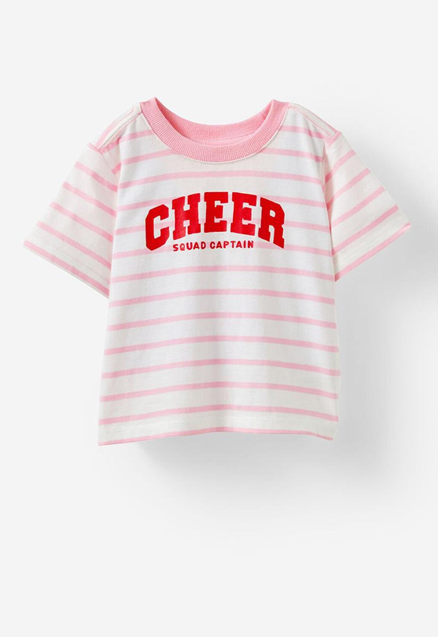 Cotton On - Jamie short sleeve graphic print tee - vanilla/blush pink stripe cheer squad