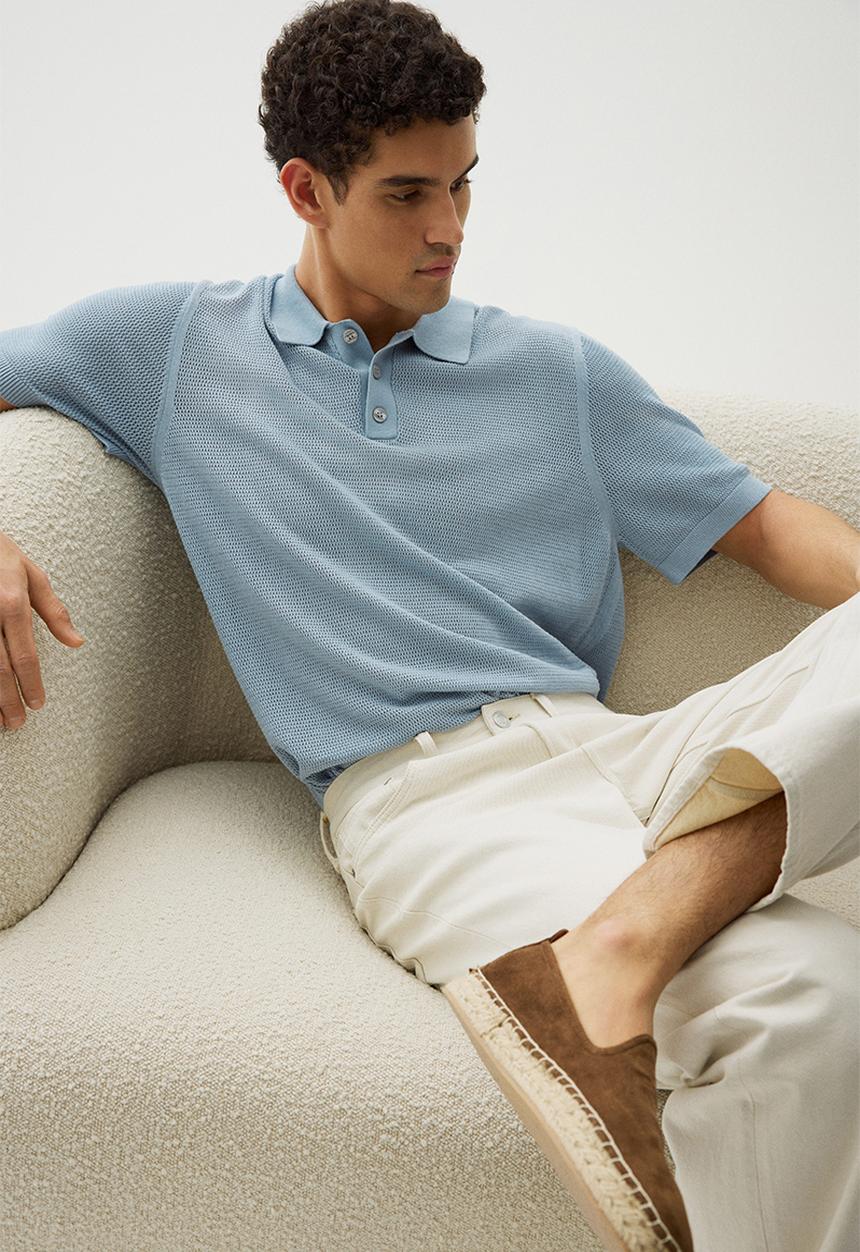 H&M - Regular fit hole-knit polo shirt - light blue