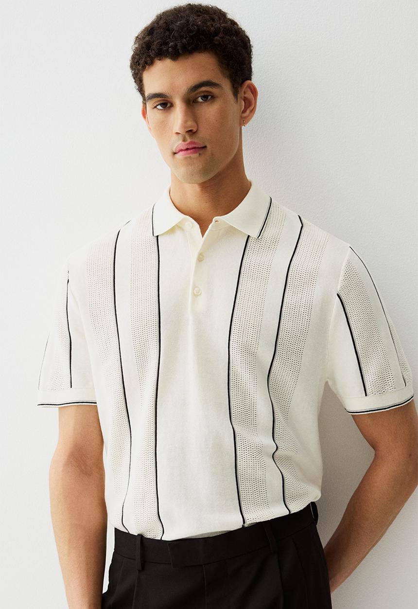 H&M - Regular fit pointelle-knit polo shirt - cream striped