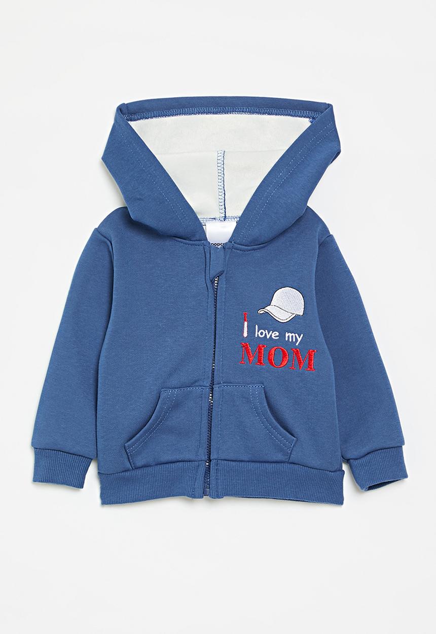 Pop Candy - Embroidered slogan zipper hoodie- blue/i love my mom
