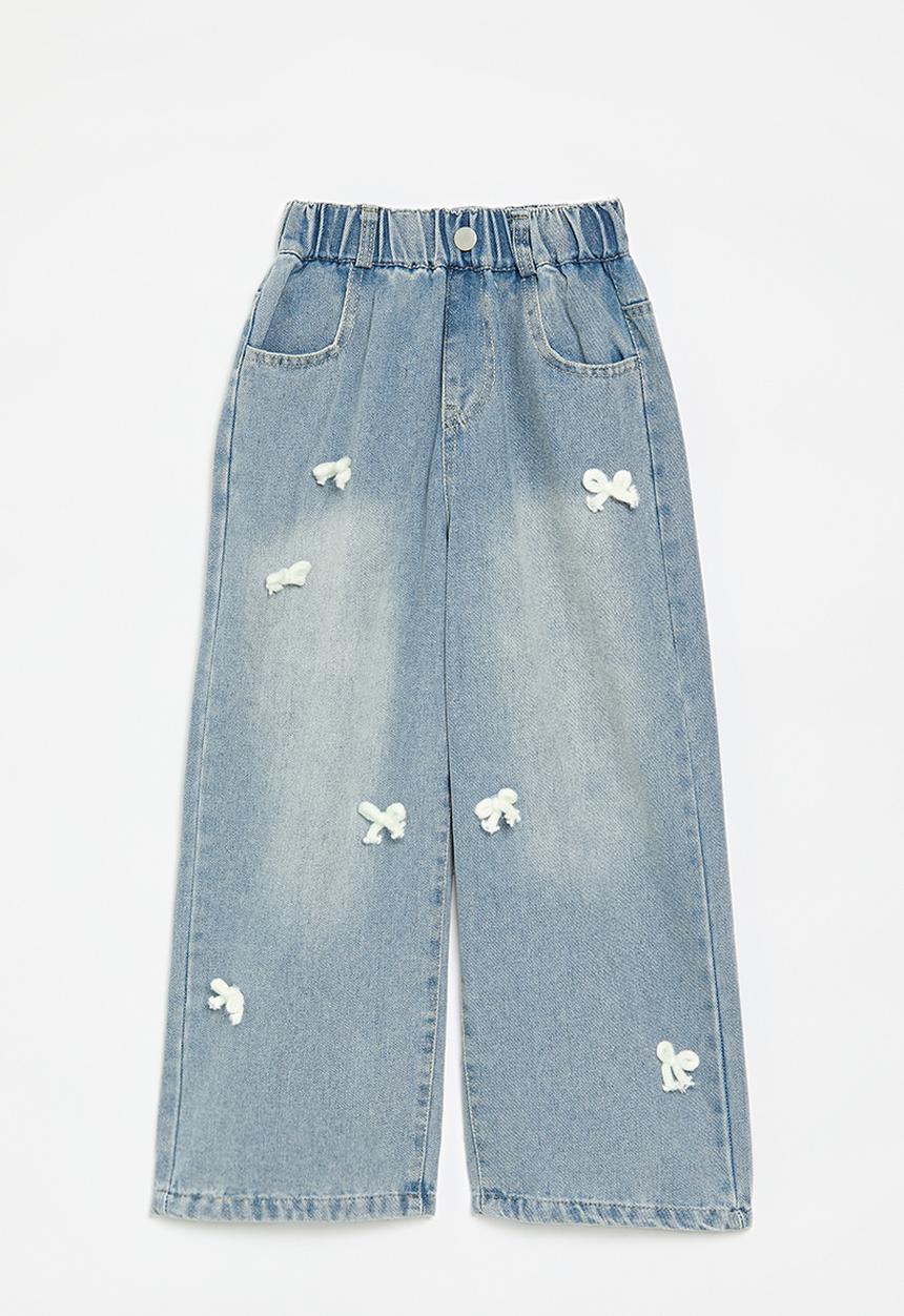 Pop Candy - Bow décor denim jeans-stonewash