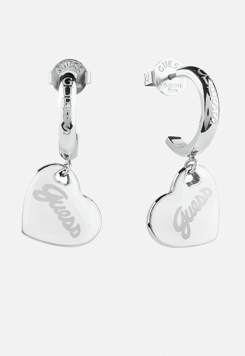 GUESS - Vintage mini heart logo hoops - white