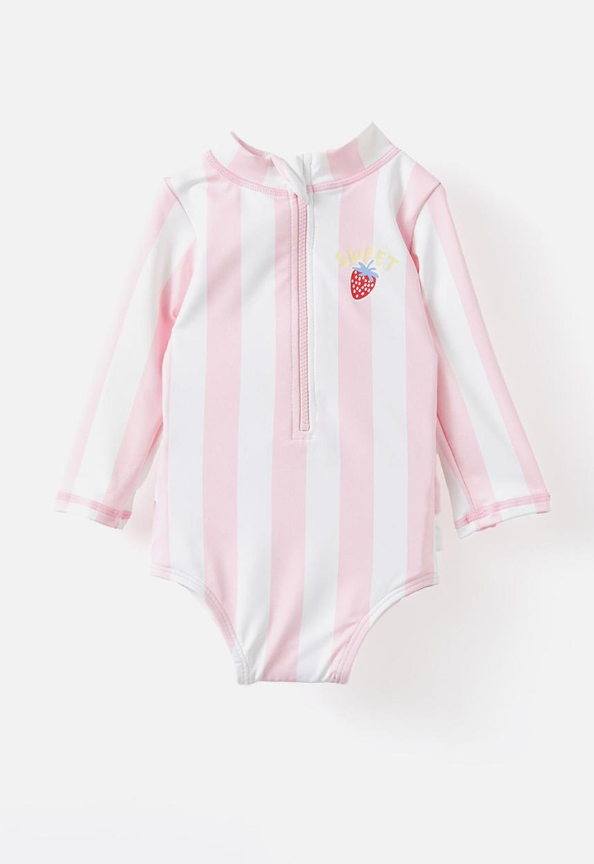 Cotton On - Lucy long sleeve ruffle back swimsuit - blush pink/bold stripe