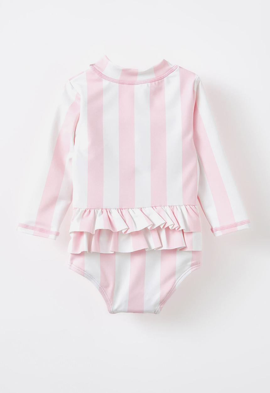 Cotton On - Lucy long sleeve ruffle back swimsuit - blush pink/bold stripe