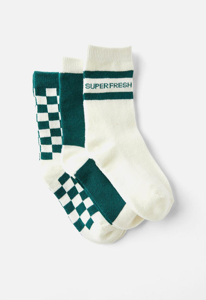 Cotton On - Kids 3Pk Crew Socks - Varsity Green Gingham/Super Fresh