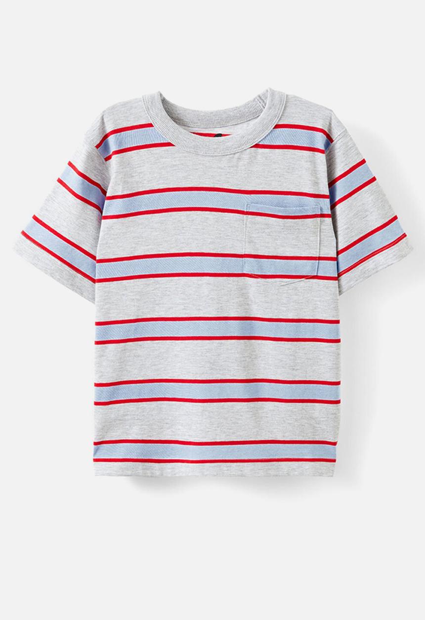 Cotton On - The Essential Short Sleeve Tee - Fog Grey Marle/Varsity Red/Dawn Blue Stripe