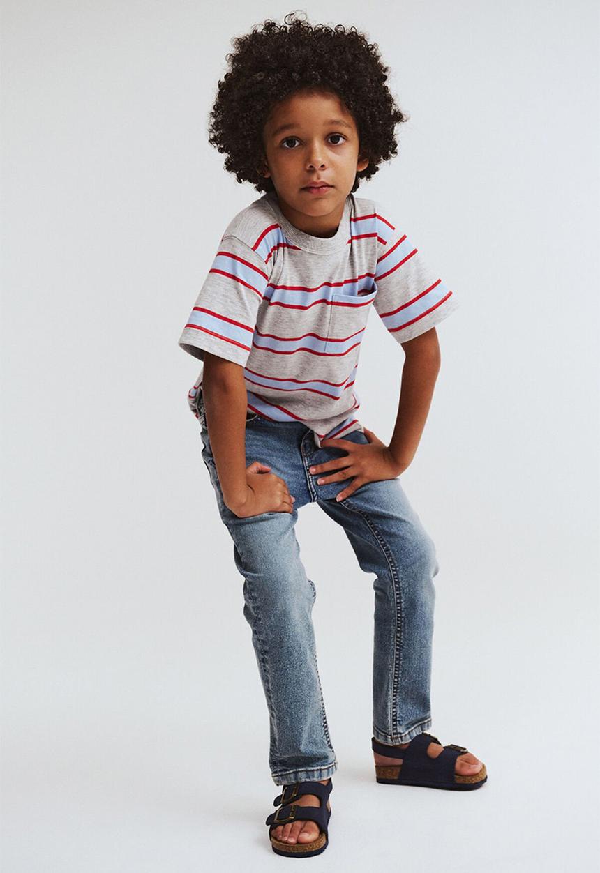 Cotton On - The Essential Short Sleeve Tee - Fog Grey Marle/Varsity Red/Dawn Blue Stripe