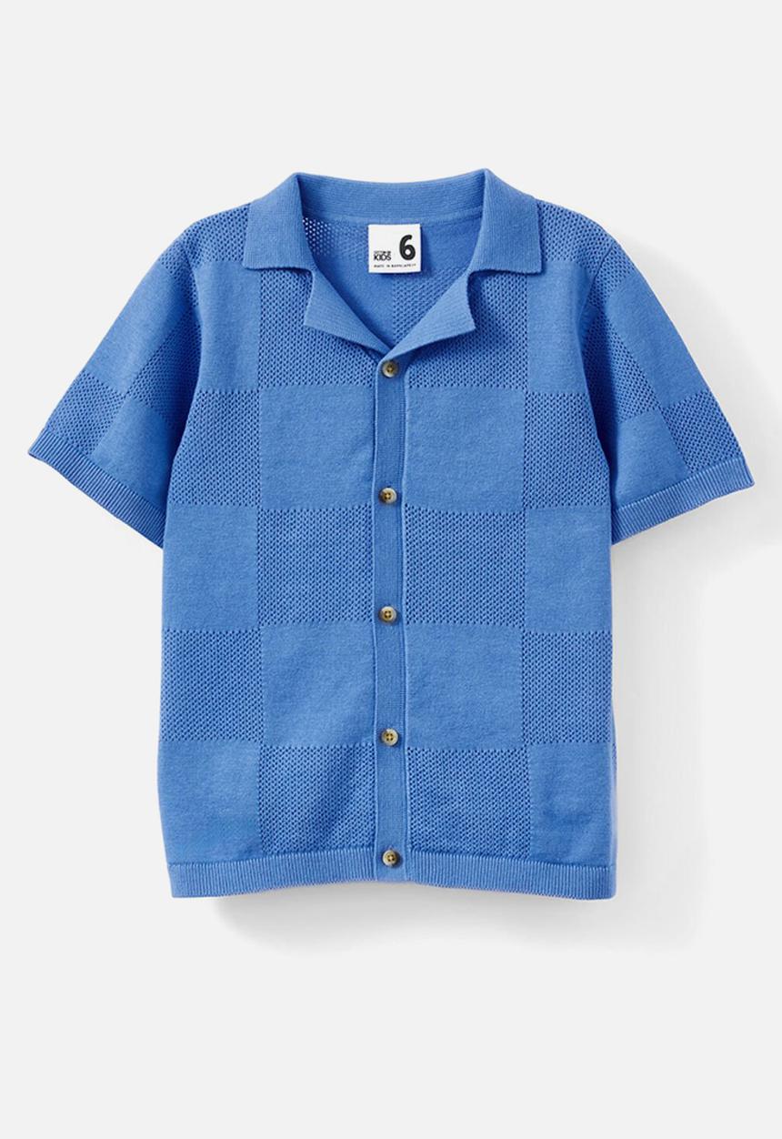 Cotton On - Knitted Short Sleeve Shirt - Deep Sea Blue