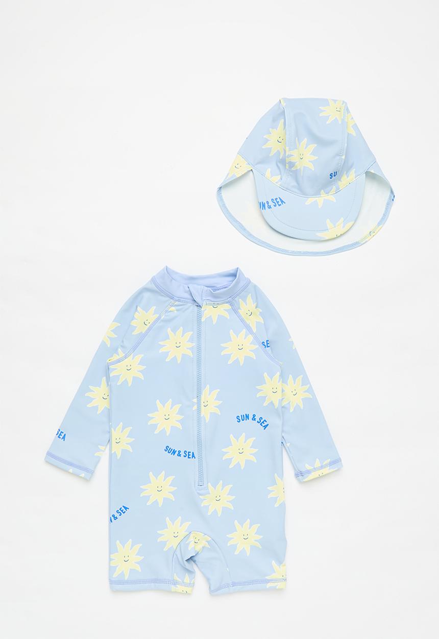 Cotton On - Bundle cameron swimsuit and sammy swim hat - dawn blue/sun & sea