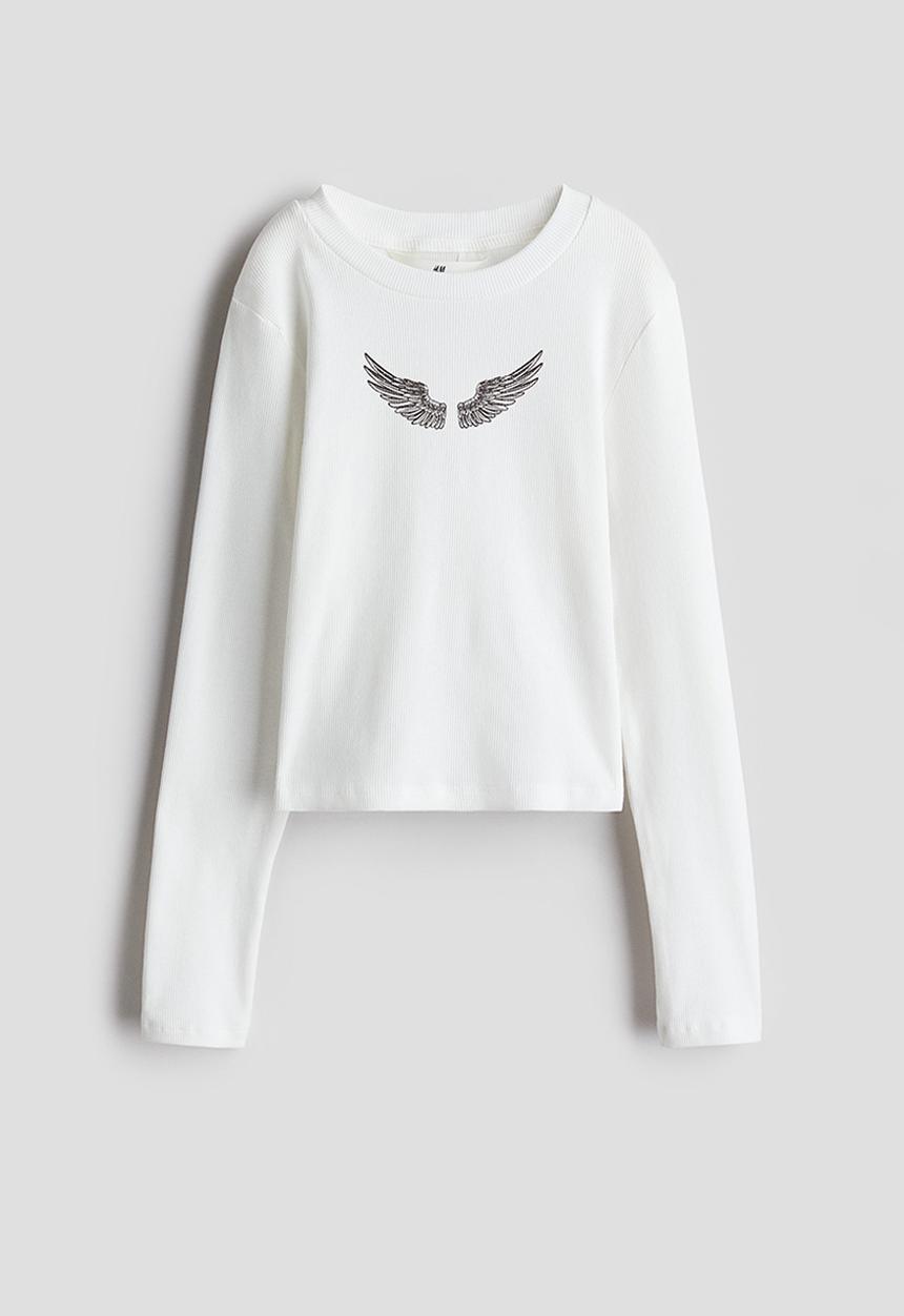 H&M - Ribbed cotton top - white/wings 