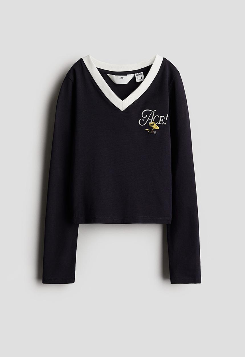 H&M - Embroidery-detail top - navy blue/snoopy