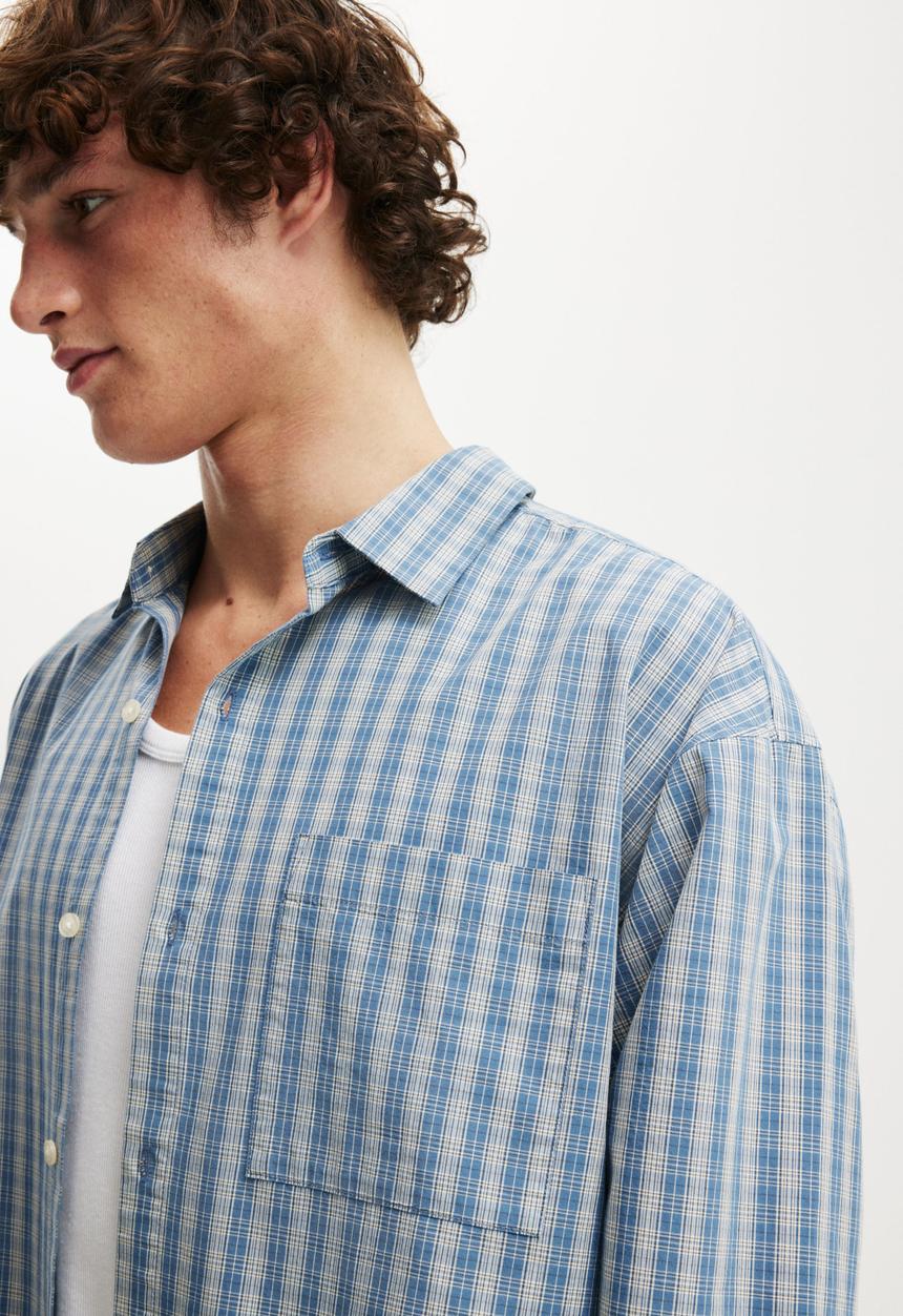 Cotton On - Hampton Long Sleeve Shirt - Blue Micro Check