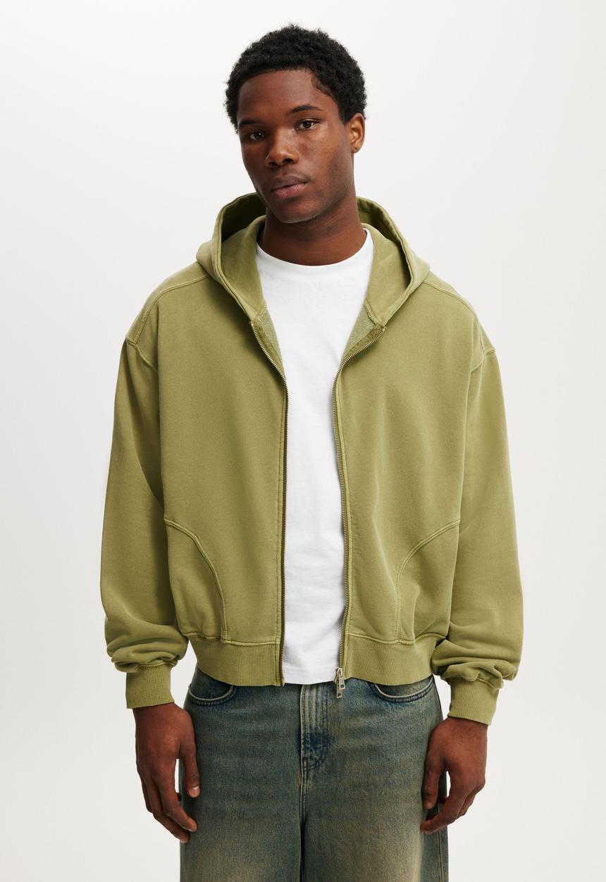 Cropped Zip Up Hoodie - Grass Green