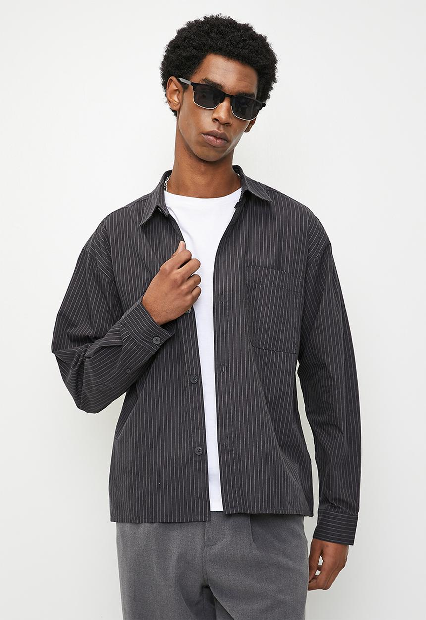 Cotton On - Hampton Long Sleeve Shirt - Grey Oxford Stripe