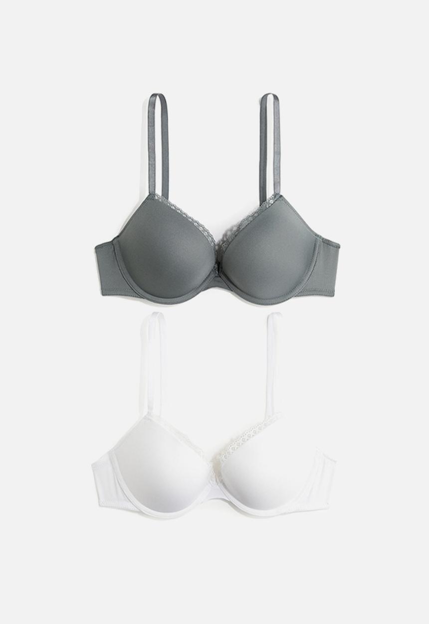 H&M - 2-Pack microfibre push-up bras - grey-green & white