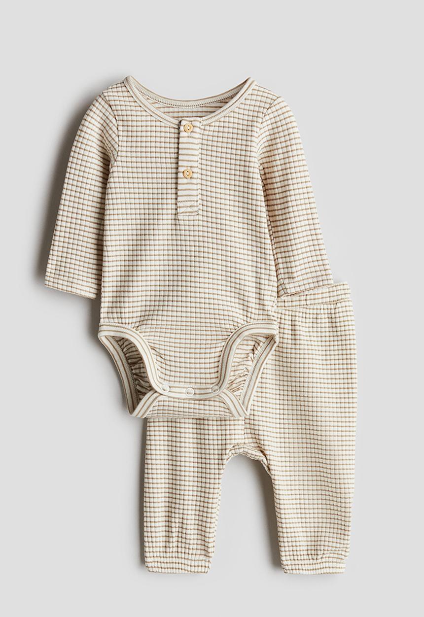 H&M - 2 piece henley bodysuit and trousers set - beige striped