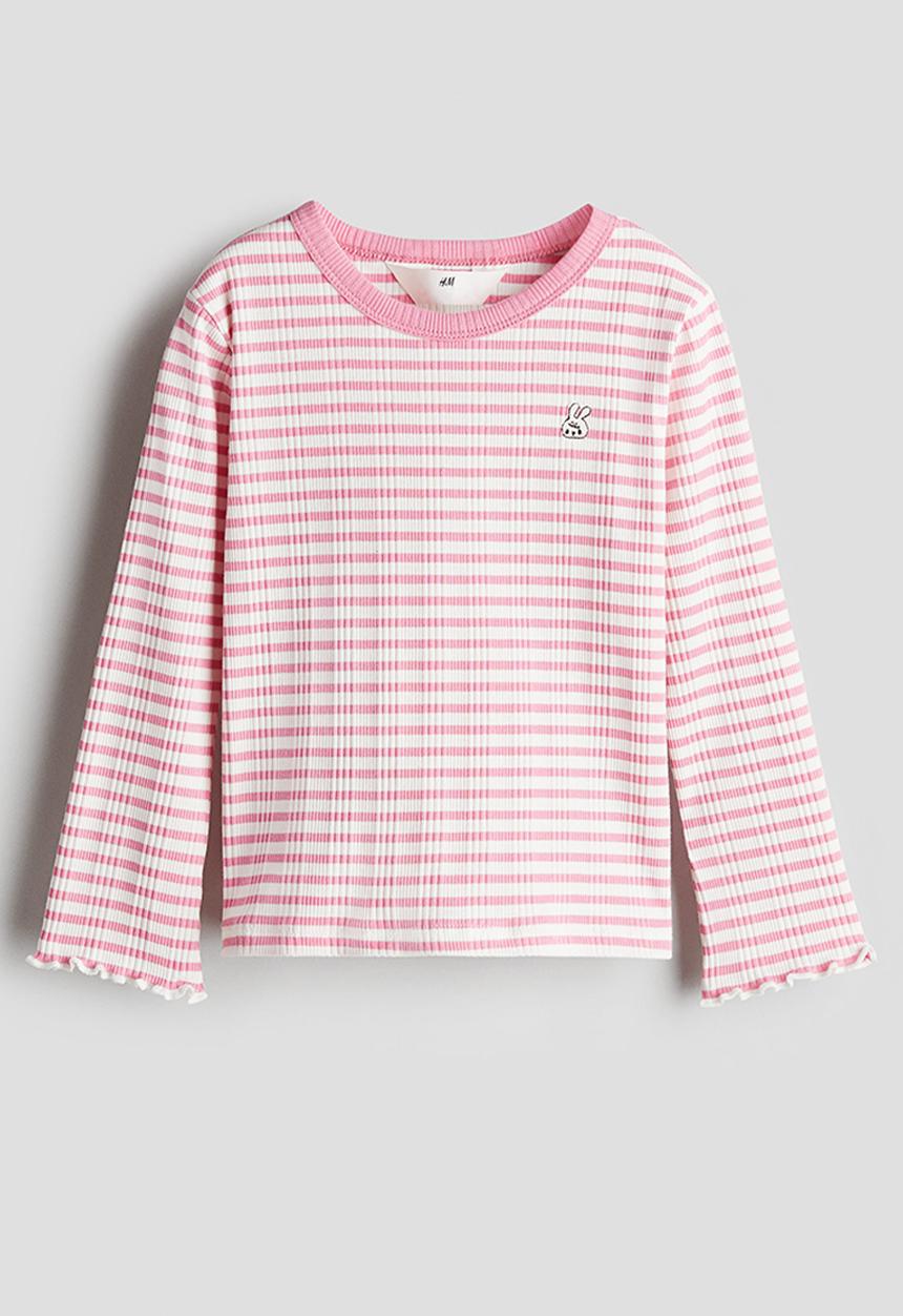 H&M - Embroidery-detail jersey top - white & pink