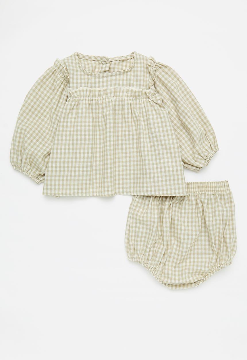 Pop Candy - Check top & short set - ecru & brown