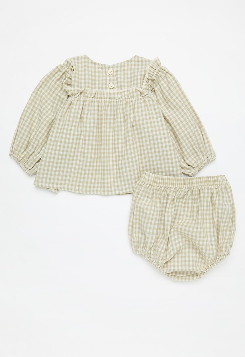 Pop Candy - Check top & short set - ecru & brown