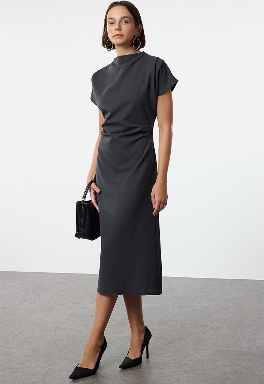 Trendyol - A-line cowl neck midi crepe woven dress  - anthracite