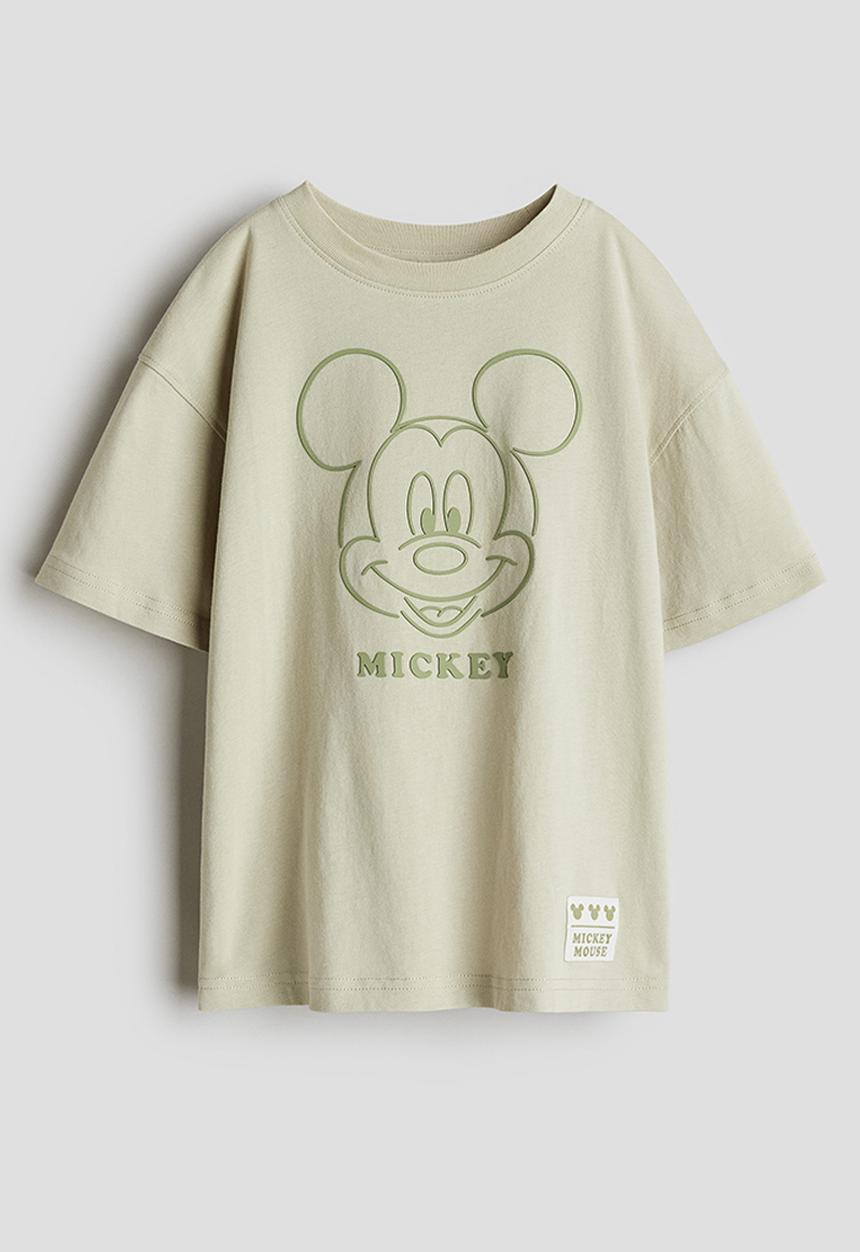 H&M - Oversized printed t-shirt - light khaki green mickey mouse