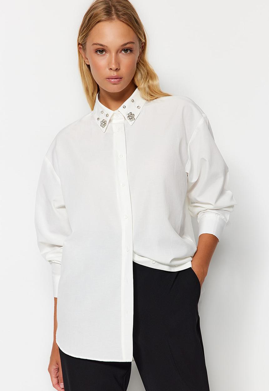 Trendyol - Collar stone detail oversize woven shirt - ecru