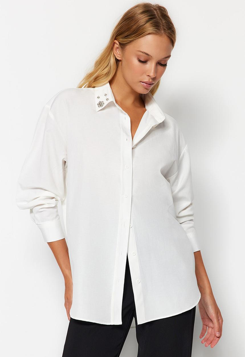 Trendyol - Collar stone detail oversize woven shirt - ecru