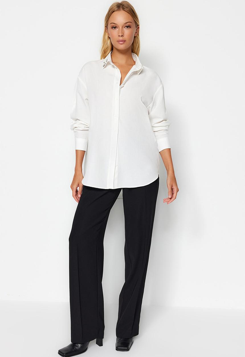 Trendyol - Collar stone detail oversize woven shirt - ecru