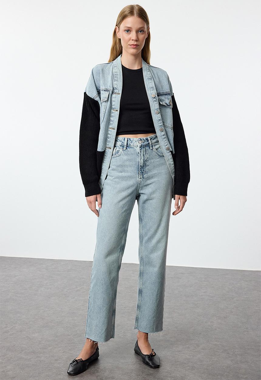 Trendyol - Blue cut-out high waist straight jeans  - light blue