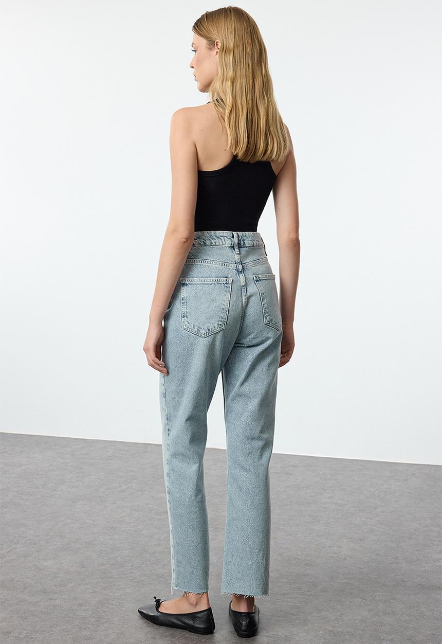 Trendyol - Blue cut-out high waist straight jeans  - light blue