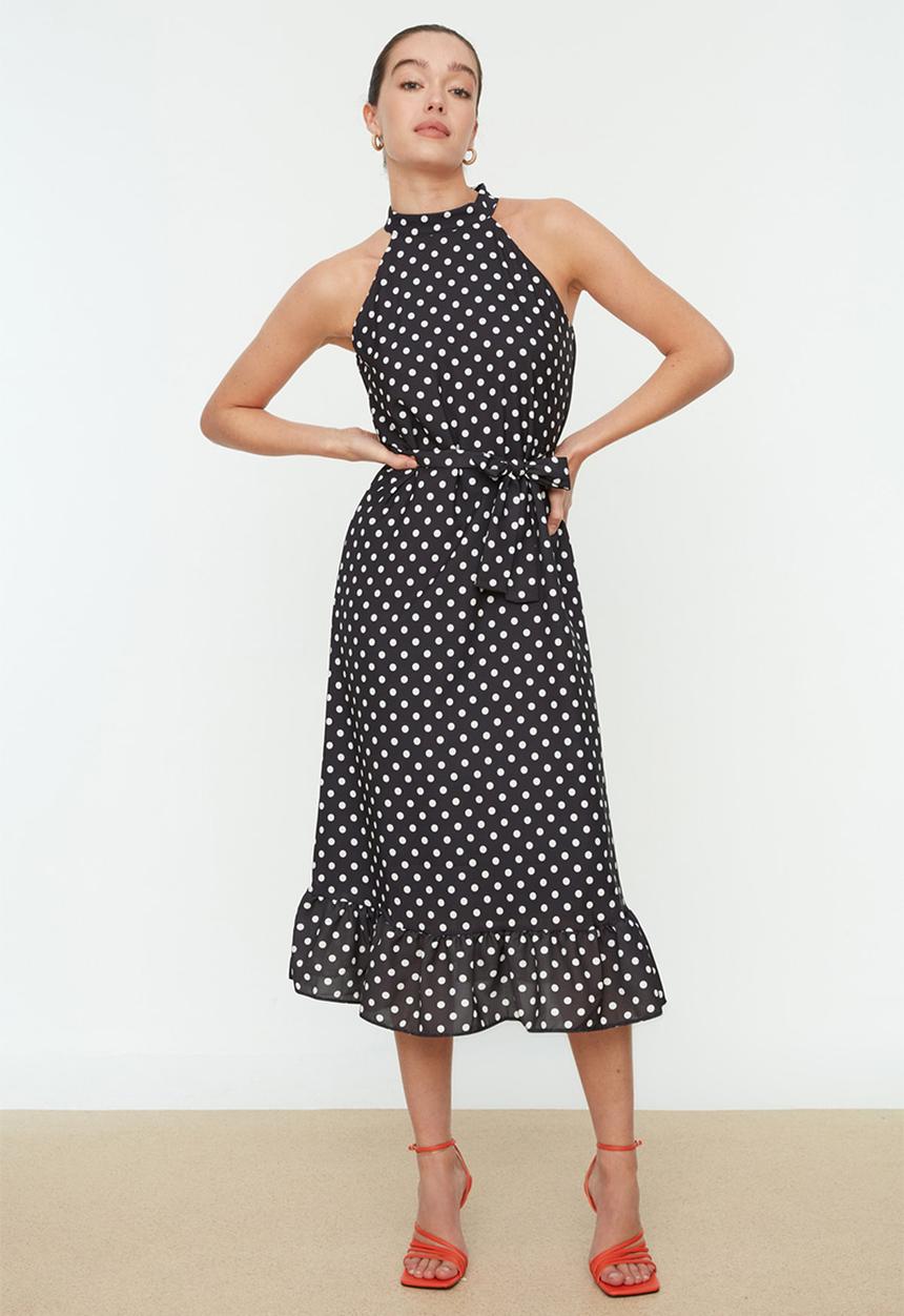 Trendyol - Belted polka dot a cut lined midi woven dress - very colorful