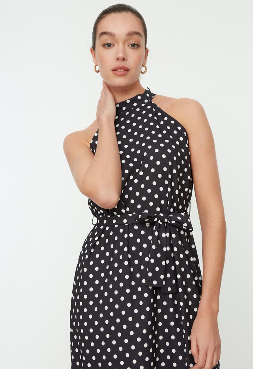 Trendyol - Belted polka dot a cut lined midi woven dress - very colorful