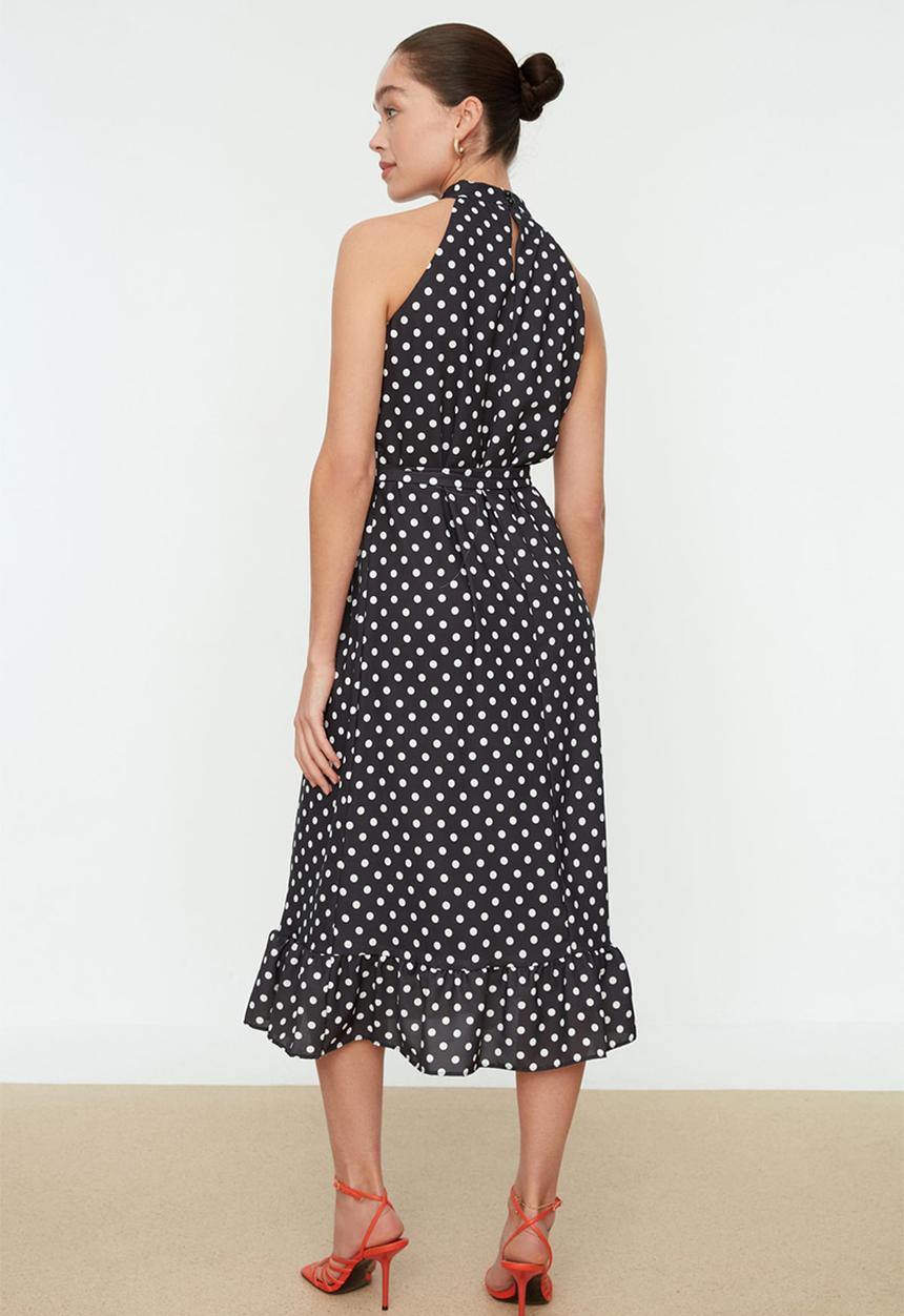 Trendyol - Belted polka dot a cut lined midi woven dress - very colorful