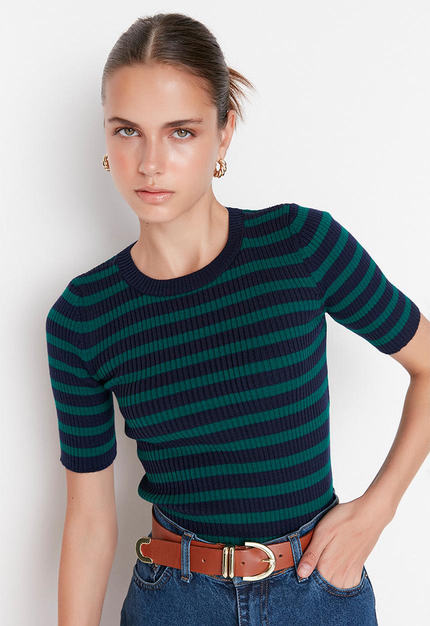 Trendyol - Blue basic striped knitwear sweater - navy blue