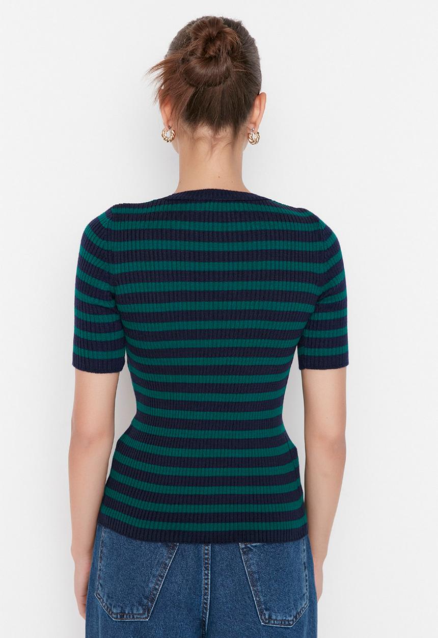 Trendyol - Blue basic striped knitwear sweater - navy blue