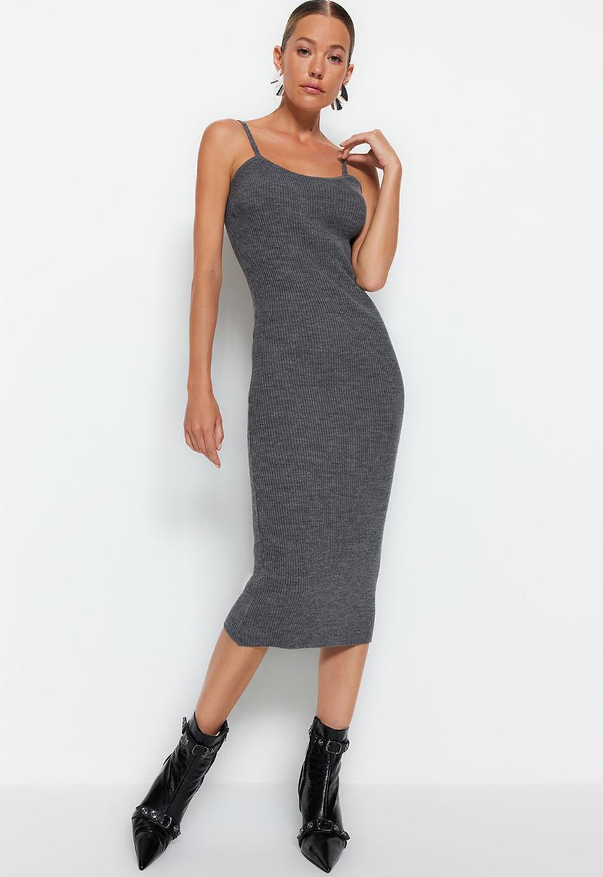 Trendyol - Fitted midi knitwear cardigan dress suit - anthracite