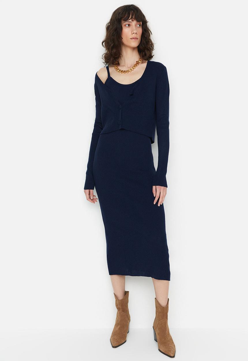 Trendyol - Fitted midi knitwear cardigan dress suit - navy blue
