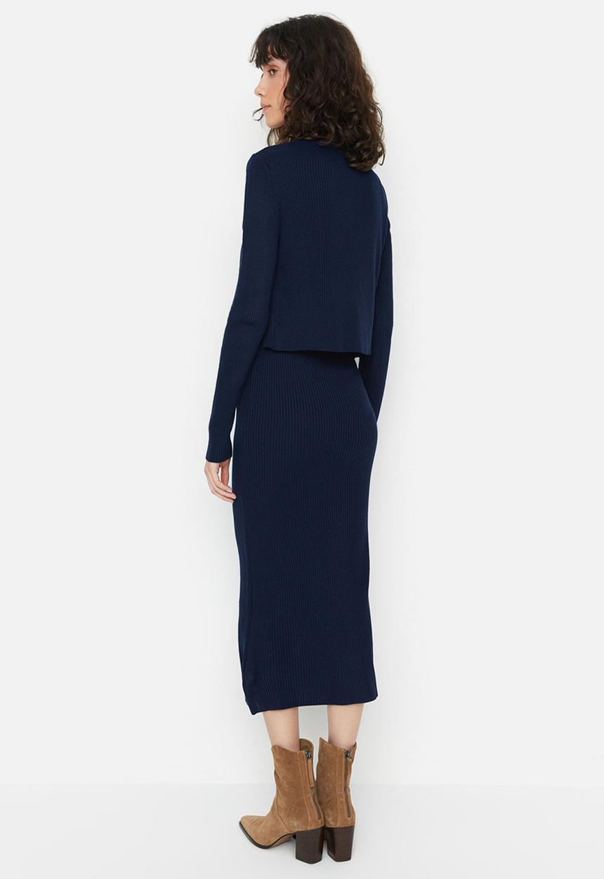 Trendyol - Fitted midi knitwear cardigan dress suit - navy blue