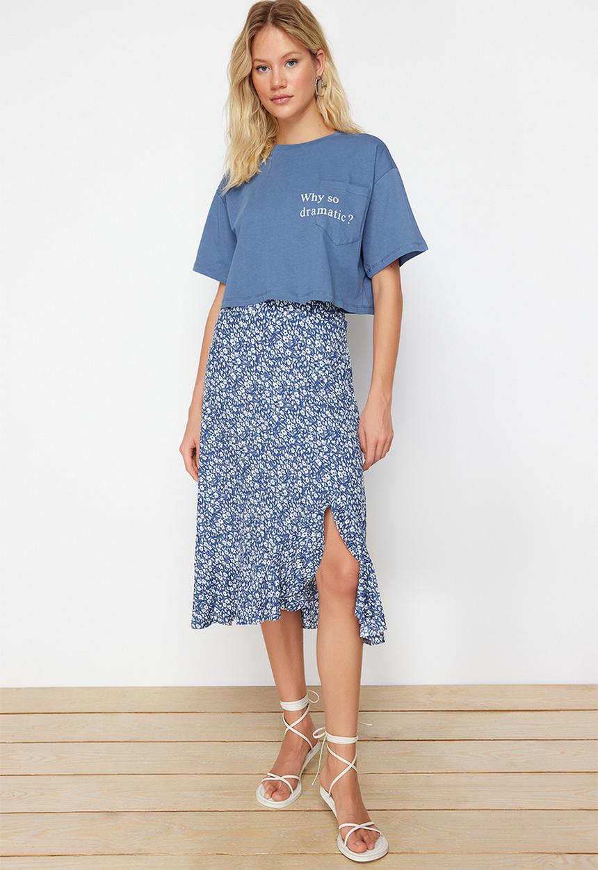 Trendyol - Printed high waist midi stretchy knitted skirt with gather detail and flounce - blue