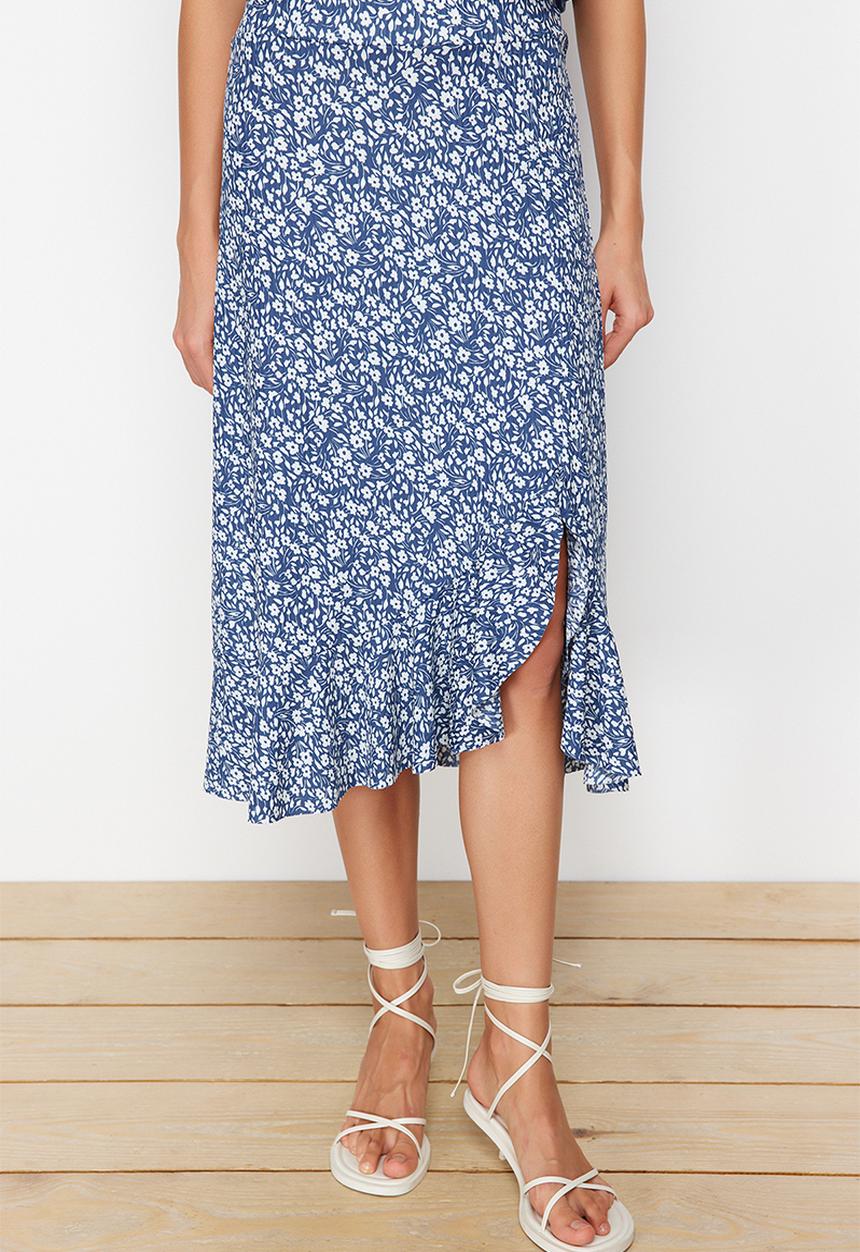 Trendyol - Printed high waist midi stretchy knitted skirt with gather detail and flounce - blue