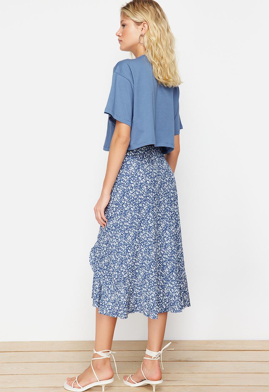Trendyol - Printed high waist midi stretchy knitted skirt with gather detail and flounce - blue