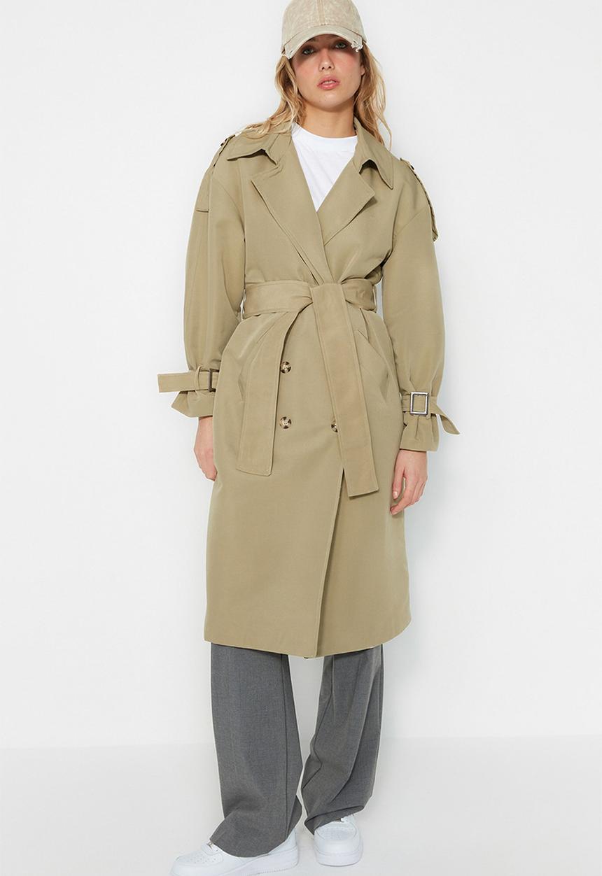 Trendyol - Oversize wide cut belted water repellent long trench coat - light khaki