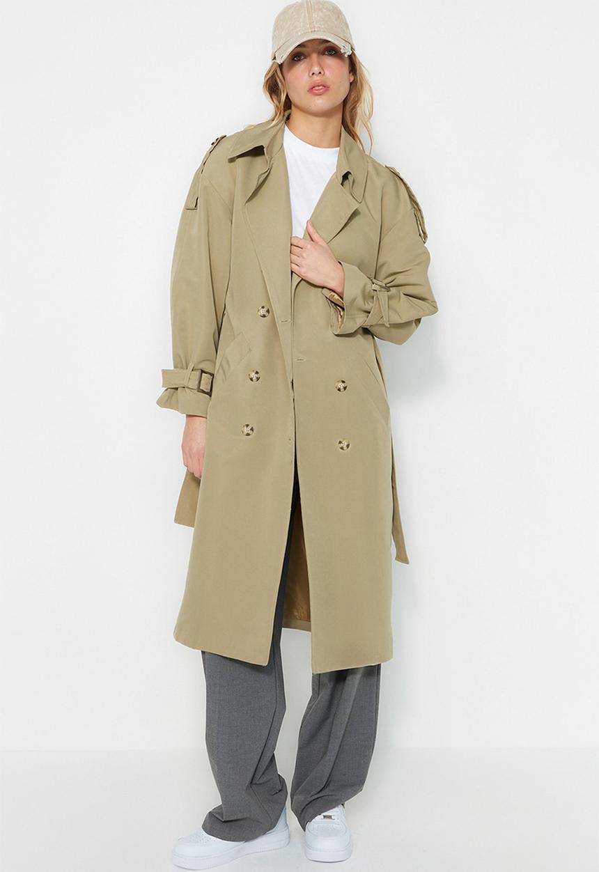 Trendyol - Oversize wide cut belted water repellent long trench coat - light khaki