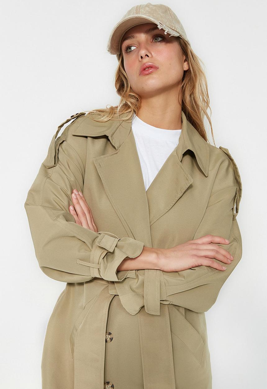Trendyol - Oversize wide cut belted water repellent long trench coat - light khaki