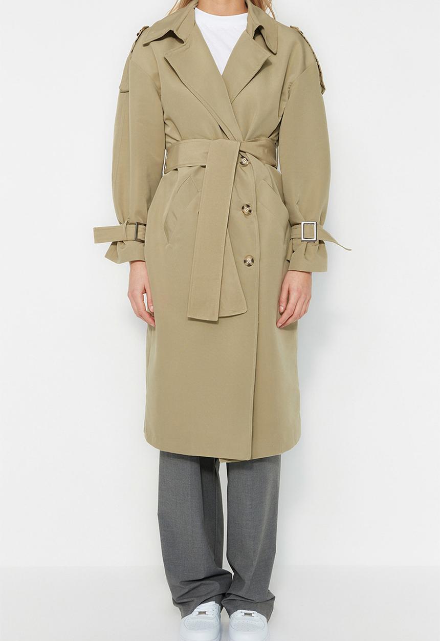 Trendyol - Oversize wide cut belted water repellent long trench coat - light khaki