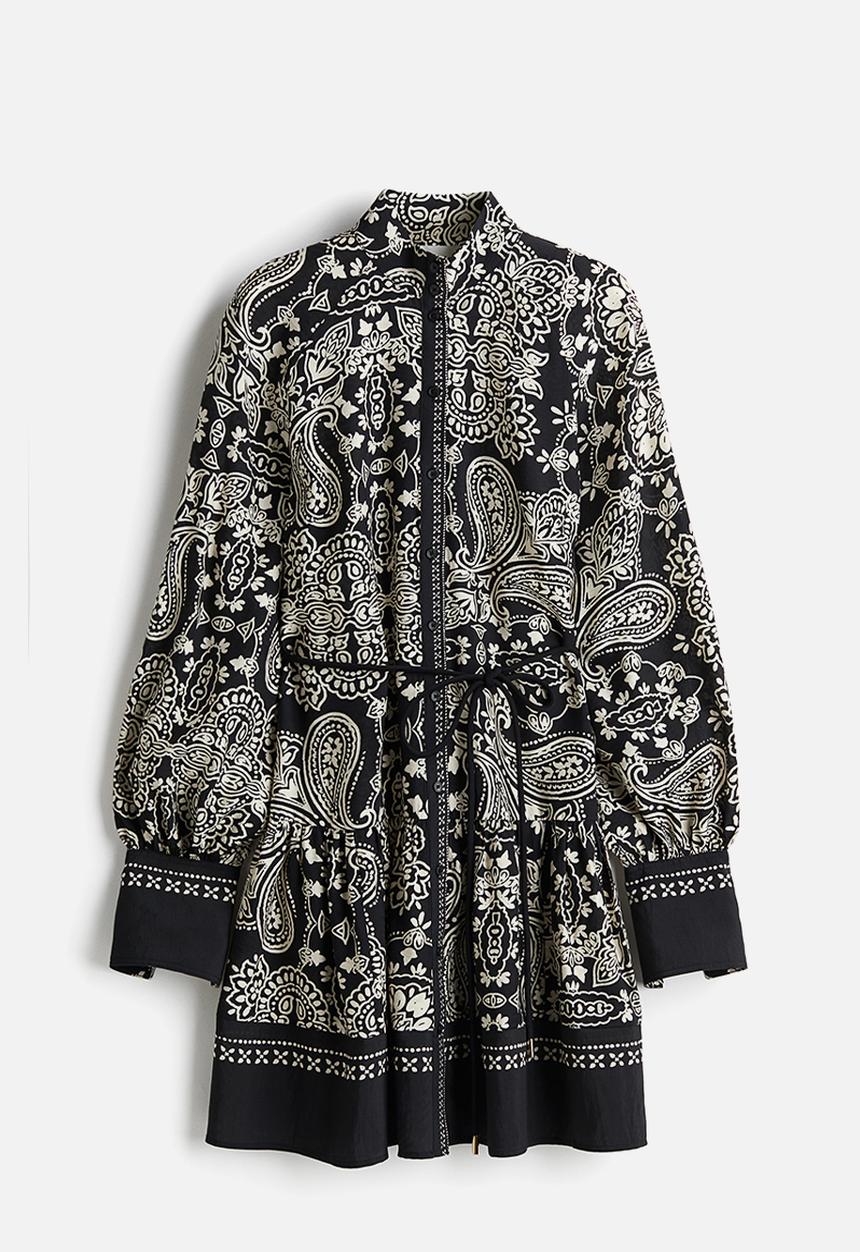H&M - Tie-belt dress - black paisley-patterned