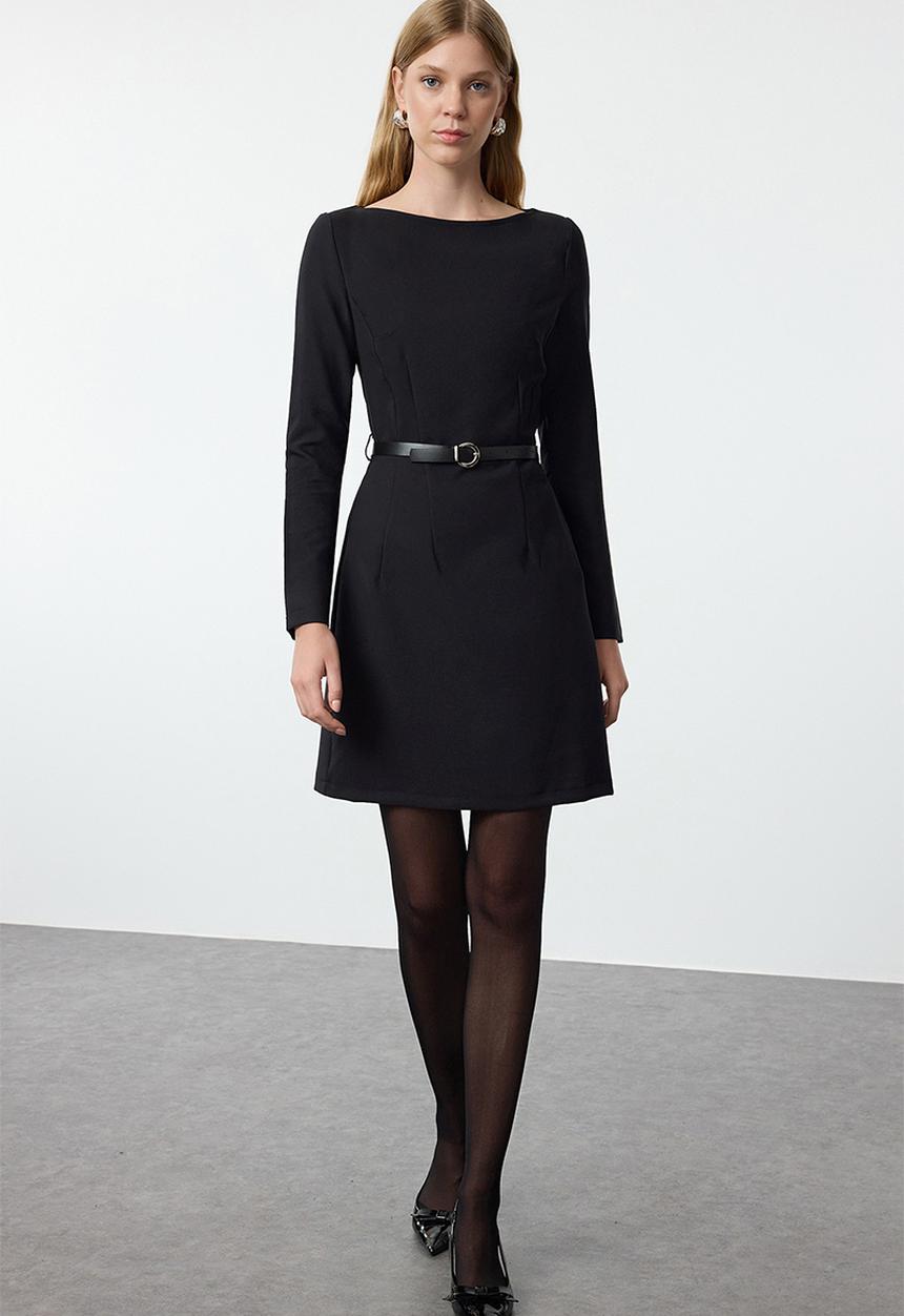 Trendyol - Belted bodycon mini woven dress - black