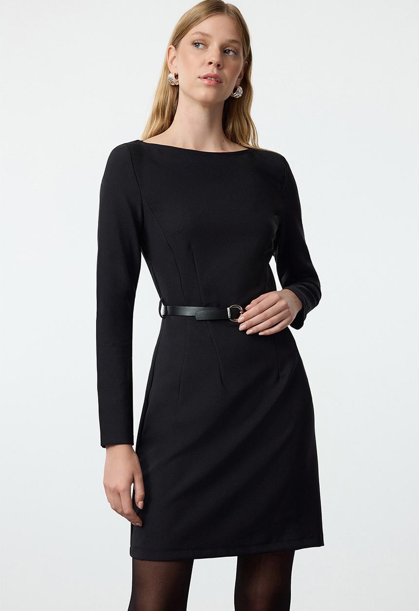 Trendyol - Belted bodycon mini woven dress - black
