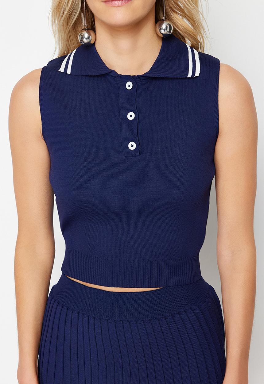Trendyol - Polo collar pleated skirted top bottom set - navy blue